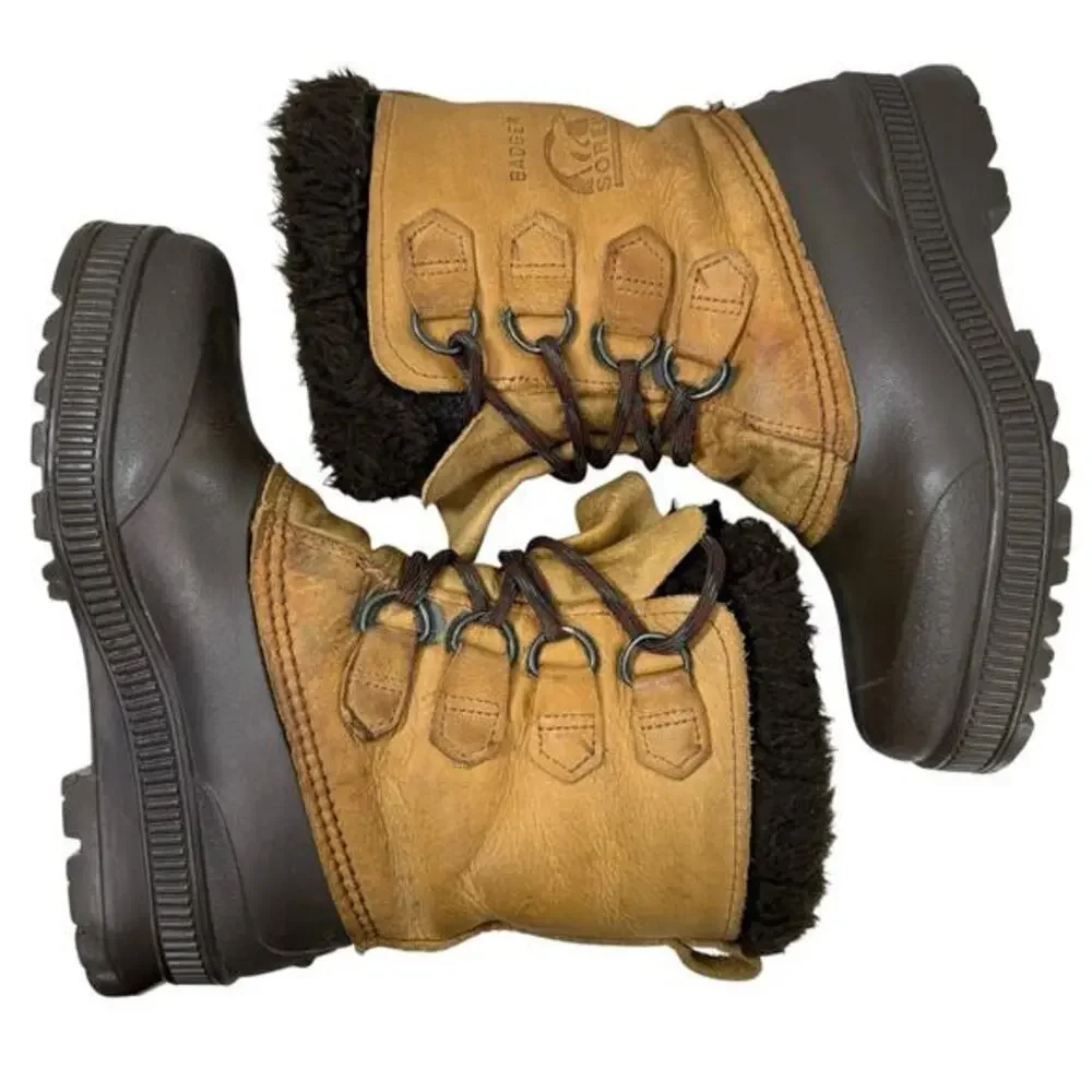 SOREL VTG BADGER Boots Womens Size 6 Brown Leather Lined Winter Snow CANADA Made